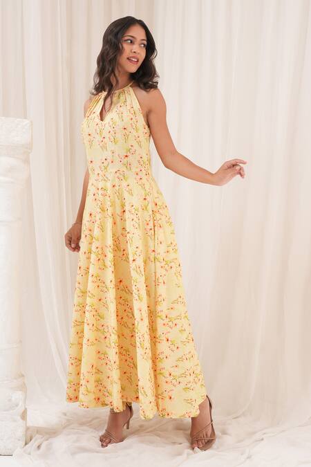 Buy_House Of TA-YA_Yellow Chanderi, Cotton Embroidery Halter Neck Floral Print Anarkali Set _Online_at_Aza_Fashions