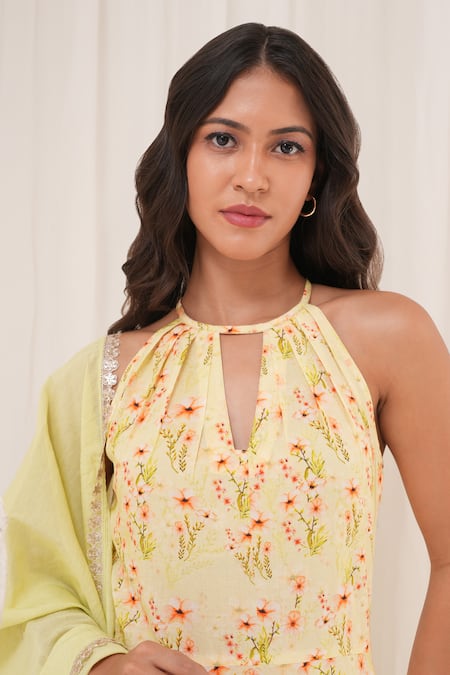 Shop_House Of TA-YA_Yellow Chanderi, Cotton Embroidery Halter Neck Floral Print Anarkali Set _Online_at_Aza_Fashions