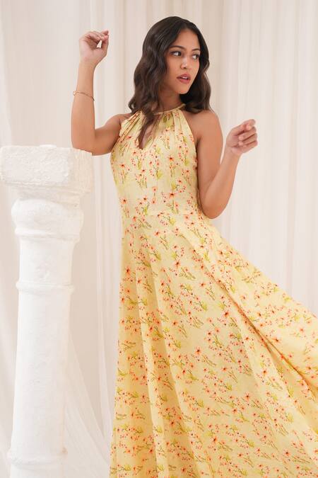 Buy_House Of TA-YA_Yellow Chanderi, Cotton Embroidery Halter Neck Floral Print Anarkali Set 