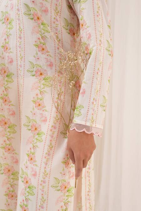 Shop House Of TA-YA Ivory , Satin Embroidery V-neck Floral Print Kurta With Pant Online at Aza Fashions Shop_House Of TA-YA_Ivory , Satin Embroidery V-neck Floral Print Kurta With Pant _Online_at_Aza_Fashions