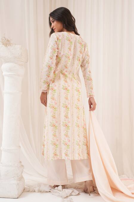 Shop House Of TA-YA Ivory Chanderi, Cotton Embroidery V-neck Floral Print Kurta Pant Set at Aza Fashions Shop_House Of TA-YA_Ivory Chanderi, Cotton Embroidery V-neck Floral Print Kurta Pant Set _at_Aza_Fashions