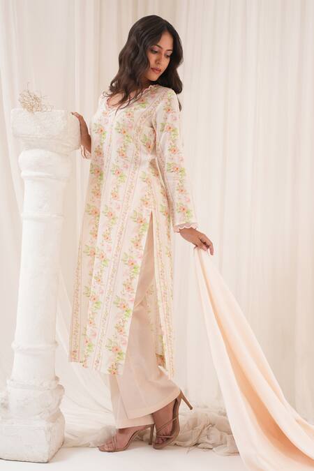 Shop House Of TA-YA Ivory Chanderi, Cotton Embroidery V-neck Floral Print Kurta Pant Set Shop_House Of TA-YA_Ivory Chanderi, Cotton Embroidery V-neck Floral Print Kurta Pant Set