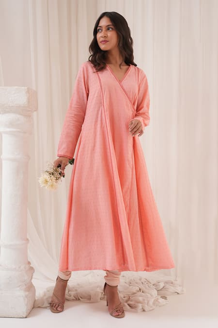 HOUSE OF TA-YA Pink Angrakha Anarkali And Churidar Cambric Embroidered Thread V-neck With 