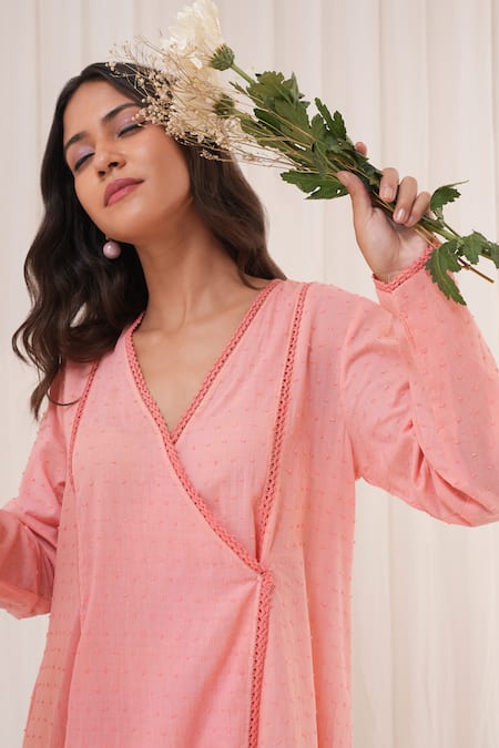 House Of TA-YA_Pink , Satin Embroidery V-neck Angrakha Anarkali With Churidar _Online_at_Aza_Fashions