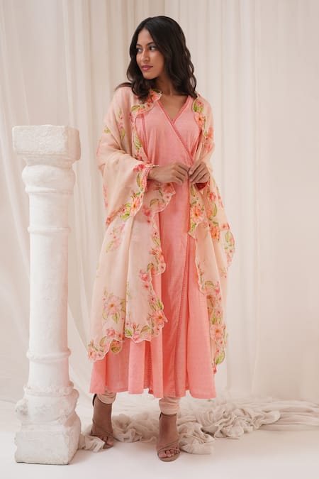 HOUSE OF TA-YA Pink Angrakha Anarkali And Churidar Cambric Digitally Printed Embroidered Set 