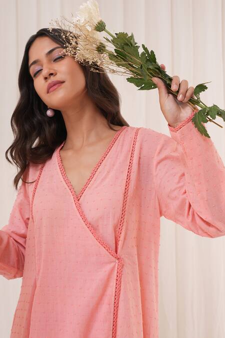 House Of TA-YA_Pink Cotton, Viscose Embroidery V-neck Angrakha Anarkali Set _Online_at_Aza_Fashions