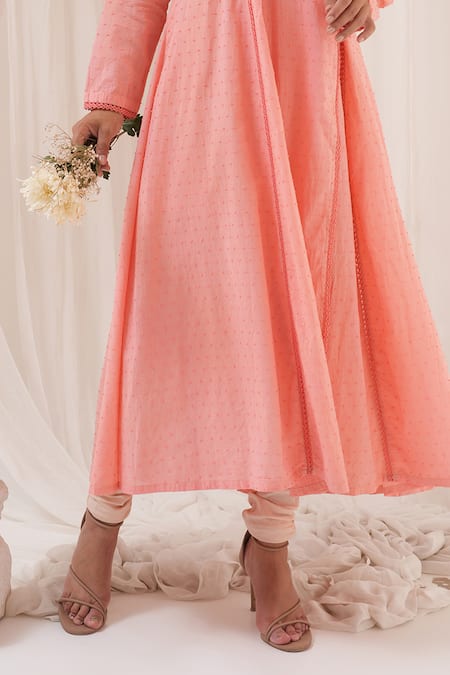 Buy_House Of TA-YA_Pink Cotton, Viscose Embroidery V-neck Angrakha Anarkali Set _Online_at_Aza_Fashions