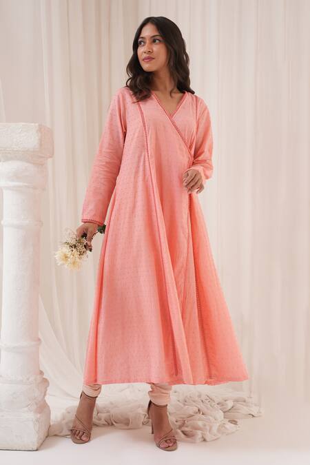 Shop_House Of TA-YA_Pink Cotton, Viscose Embroidery V-neck Angrakha Anarkali Set _Online_at_Aza_Fashions