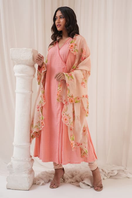 House Of TA-YA_Pink Cotton, Viscose Embroidery V-neck Angrakha Anarkali Set _at_Aza_Fashions