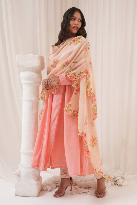 Buy_House Of TA-YA_Pink Cotton, Viscose Embroidery V-neck Angrakha Anarkali Set 