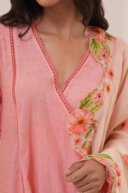 Shop_House Of TA-YA_Pink Cotton, Viscose Embroidery V-neck Angrakha Anarkali Set 