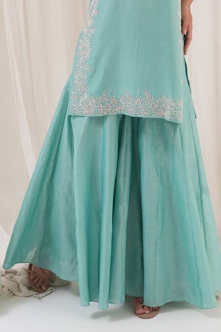 House Of TA-YA_Green Chanderi Sequins, Embroidery Halter Neck Hand Kurta Sharara Set _Online_at_Aza_Fashions