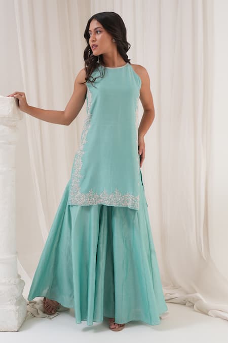 Buy_House Of TA-YA_Green Chanderi Sequins, Embroidery Halter Neck Hand Kurta Sharara Set _Online_at_Aza_Fashions