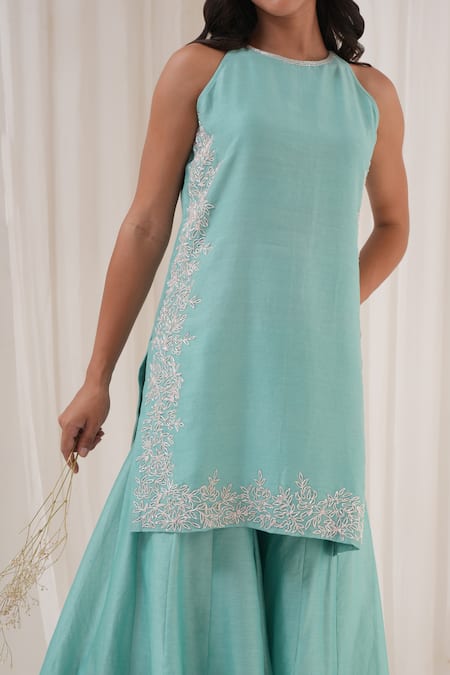 Shop_House Of TA-YA_Green Chanderi Sequins, Embroidery Halter Neck Hand Kurta Sharara Set _Online_at_Aza_Fashions