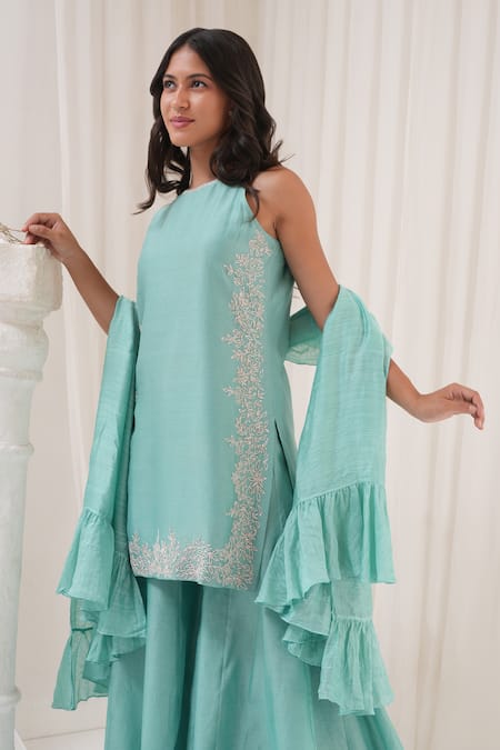 House Of TA-YA_Green Chanderi Sequins, Embroidery Halter Neck Hand Kurta Sharara Set _at_Aza_Fashions