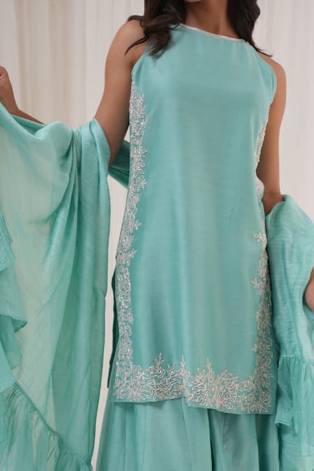 Buy_House Of TA-YA_Green Chanderi Sequins, Embroidery Halter Neck Hand Kurta Sharara Set 