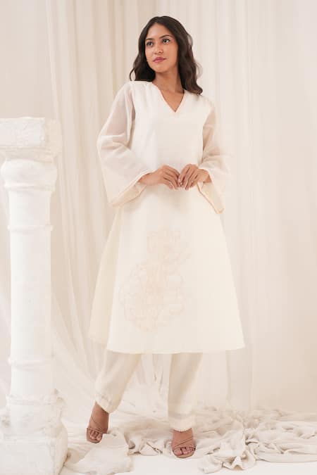 House Of TA-YA_Ivory Chanderi Embroidery, Sequins, Pearls V-neck Hand A-line Kurta Pant Set _Online_at_Aza_Fashions