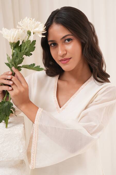 Buy_House Of TA-YA_Ivory Chanderi Embroidery, Sequins, Pearls V-neck Hand A-line Kurta Pant Set _Online_at_Aza_Fashions