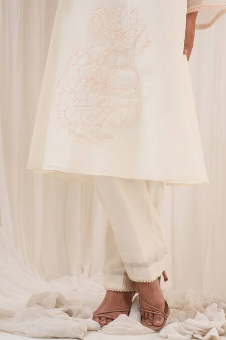 Shop_House Of TA-YA_Ivory Chanderi Embroidery, Sequins, Pearls V-neck Hand A-line Kurta Pant Set _Online_at_Aza_Fashions