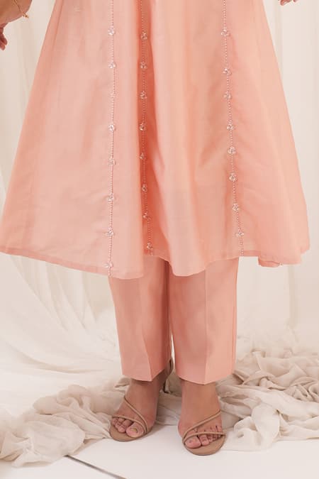 House Of TA-YA_Peach Chanderi Sequins, Crystals V-neck Hand Embroidered Anarkali With Pant _Online_at_Aza_Fashions