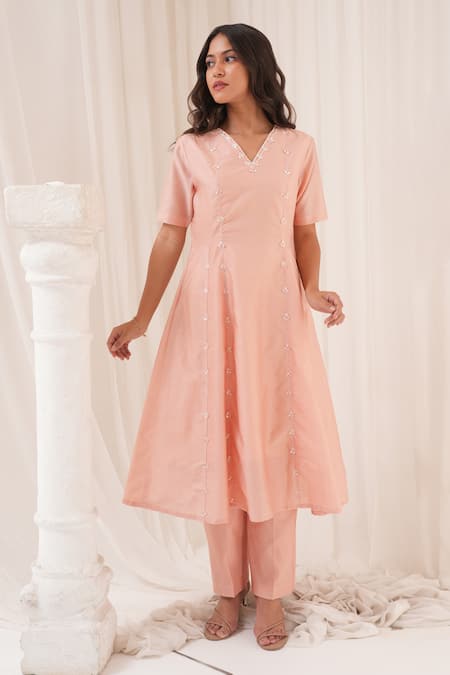 Buy_House Of TA-YA_Peach Chanderi Sequins, Crystals V-neck Hand Embroidered Anarkali With Pant _Online_at_Aza_Fashions
