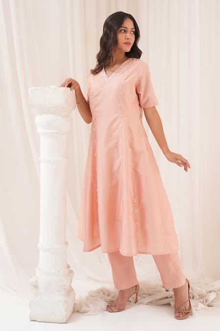 Shop_House Of TA-YA_Peach Chanderi Sequins, Crystals V-neck Hand Embroidered Anarkali With Pant _Online_at_Aza_Fashions