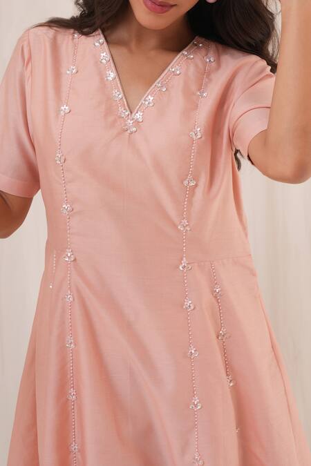 House Of TA-YA_Peach Chanderi Sequins, Crystals V-neck Hand Embroidered Anarkali With Pant _at_Aza_Fashions