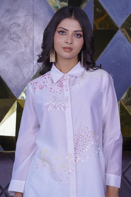 Myra Clothing Line_White Chanderi Sequins Collared Splash Embroidered Kurta With Pant _Online_at_Aza_Fashions