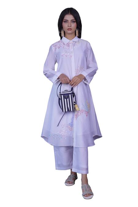 Shop Myra Clothing Line White Chanderi Sequins Collared Splash Embroidered Kurta With Pant Online at Aza Fashions Shop_Myra Clothing Line_White Chanderi Sequins Collared Splash Embroidered Kurta With Pant _Online_at_Aza_Fashions
