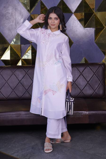 Myra Clothing Line_White Chanderi Sequins Collared Splash Embroidered Kurta With Pant _at_Aza_Fashions