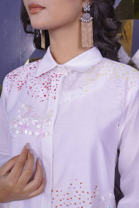 Buy_Myra Clothing Line_White Chanderi Sequins Collared Splash Embroidered Kurta With Pant 