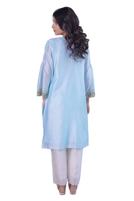 Shop Myra Clothing Line Blue Chanderi Embroidery V-neck Floral Resham Work Kurta With Pant Online at Aza Fashions Shop_Myra Clothing Line_Blue Chanderi Embroidery V-neck Floral Resham Work Kurta With Pant _Online_at_Aza_Fashions