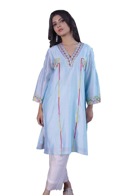 Buy Myra Clothing Line Blue Chanderi Embroidery V-neck Floral Resham Work Kurta With Pant Buy_Myra Clothing Line_Blue Chanderi Embroidery V-neck Floral Resham Work Kurta With Pant