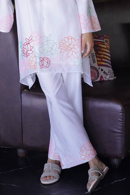 Shop Myra Clothing Line White Chanderi Beads Round Neck Embroidered Short Kurta With Pant Online at Aza Fashions Shop_Myra Clothing Line_White Chanderi Beads Round Neck Embroidered Short Kurta With Pant _Online_at_Aza_Fashions