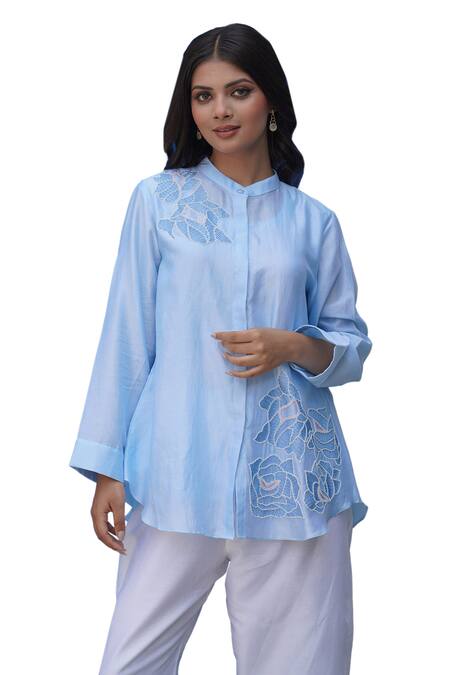 Myra Clothing Line Blue Chanderi Hand Embroidered Beads Mandarin Floral Top Online at Aza Fashions Myra Clothing Line_Blue Chanderi Hand Embroidered Beads Mandarin Floral Top _Online_at_Aza_Fashions