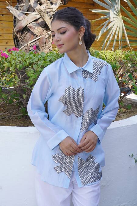 Myra Clothing Line_Blue Chanderi Hand Embroidered Metallic Sequin Collar Shirt _Online_at_Aza_Fashions