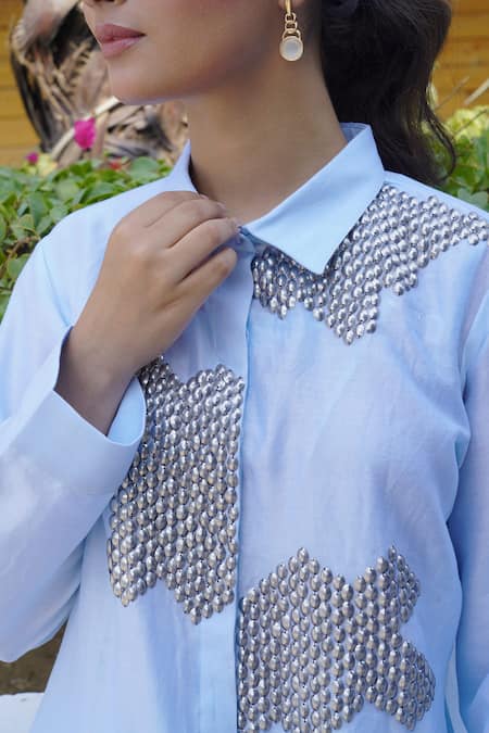 Shop_Myra Clothing Line_Blue Chanderi Hand Embroidered Metallic Sequin Collar Shirt _Online_at_Aza_Fashions