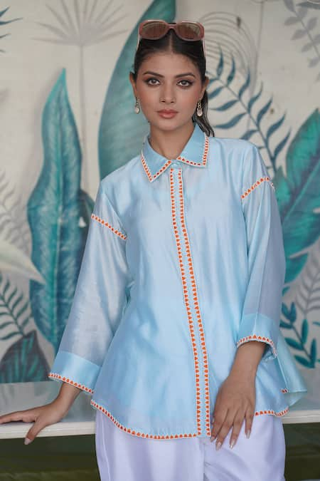 Myra Clothing Line Green Chanderi Hand Embroidered Resham Collar Shirt 