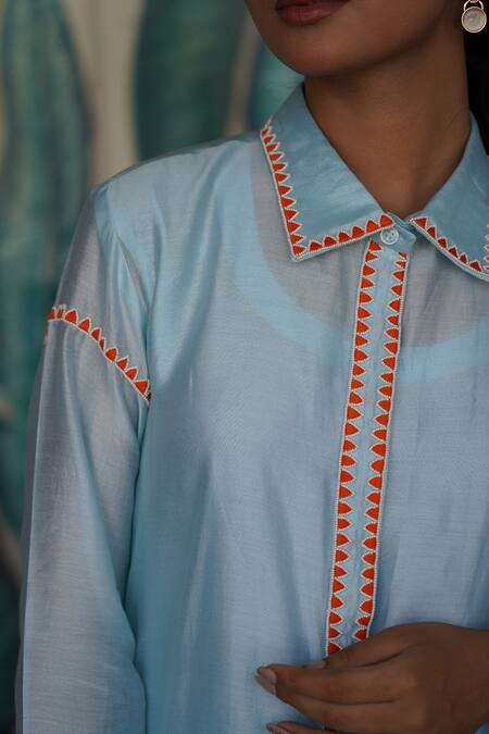 Buy_Myra Clothing Line_Green Chanderi Hand Embroidered Resham Collar Shirt _Online_at_Aza_Fashions