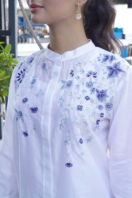 Shop_Myra Clothing Line_White Chanderi Hand Embroidered Thread Mandarin Resham Floral Top _Online_at_Aza_Fashions