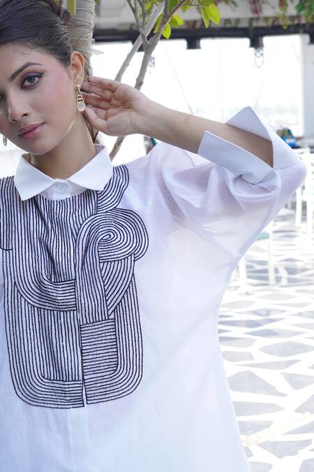 Shop_Myra Clothing Line_White Chanderi Hand Embroidered Cutdana Collar Abstract Geometric Shirt _Online_at_Aza_Fashions