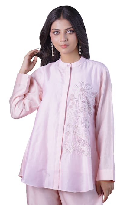 Myra Clothing Line Peach Chanderi Hand Embroidered Sequin Mandarin Floral Top Online at Aza Fashions Myra Clothing Line_Peach Chanderi Hand Embroidered Sequin Mandarin Floral Top _Online_at_Aza_Fashions