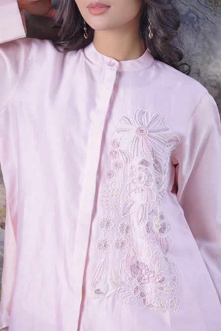 Myra Clothing Line_Peach Chanderi Hand Embroidered Sequin Mandarin Floral Top _at_Aza_Fashions