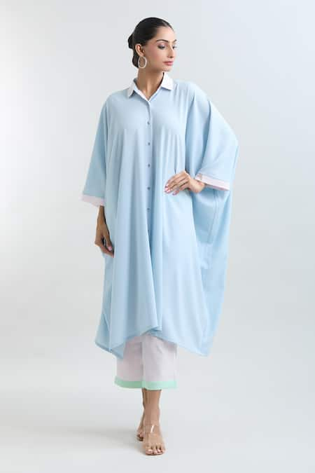 Mayank Anand Shraddha Nigam Blue Georgette Plain Shirt Collar Asymmetric Kaftan 