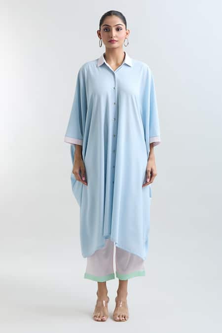 Mayank Anand Shraddha Nigam_Blue Georgette Plain Shirt Collar Asymmetric Kaftan _Online_at_Aza_Fashions