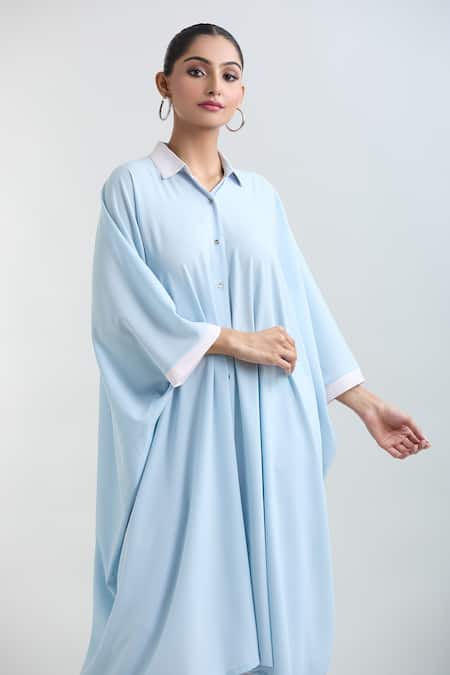 Shop_Mayank Anand Shraddha Nigam_Blue Georgette Plain Shirt Collar Asymmetric Kaftan _Online_at_Aza_Fashions