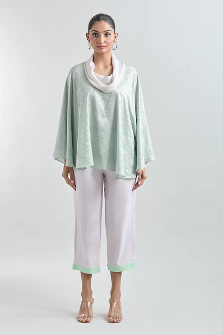 Mayank Anand Shraddha Nigam_Green Georgette Textured Cowl Collar Flared Poncho Top _Online_at_Aza_Fashions