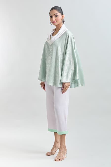Buy_Mayank Anand Shraddha Nigam_Green Georgette Textured Cowl Collar Flared Poncho Top _Online_at_Aza_Fashions