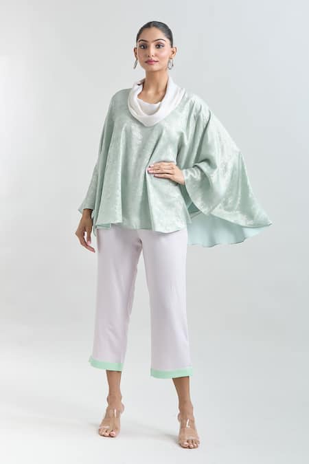 Shop_Mayank Anand Shraddha Nigam_Green Georgette Textured Cowl Collar Flared Poncho Top _Online_at_Aza_Fashions