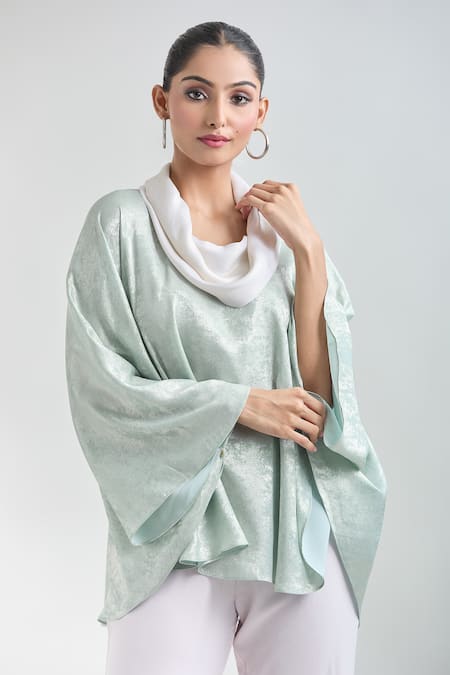 Mayank Anand Shraddha Nigam_Green Georgette Textured Cowl Collar Flared Poncho Top _at_Aza_Fashions